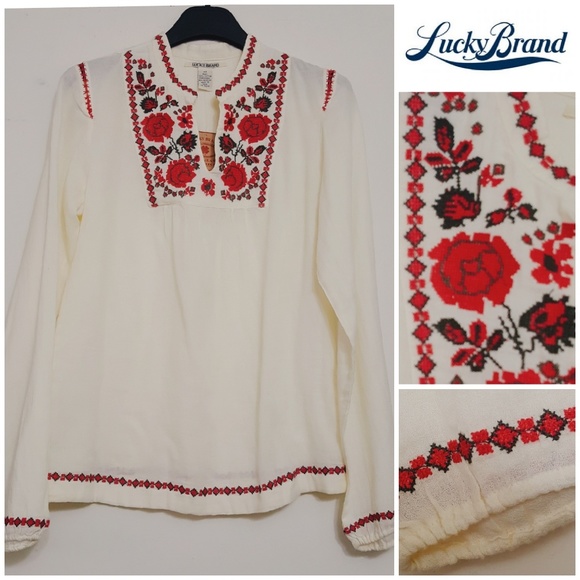 Lucky Brand Tops - LUCKY BRAND Cross Stitch Floral Embroidered LS Top